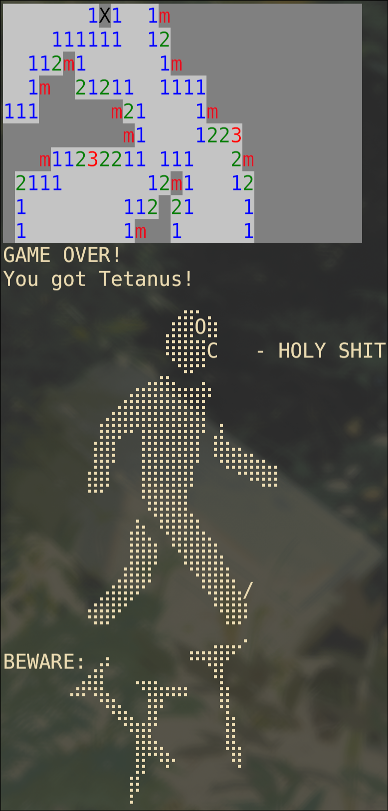 example game over screen for rustsweeper, at the top is a game of rustsweeper that has ended then the text 'GAME OVER' followed by ascii art of a man stepping on a nail and a collection of nails